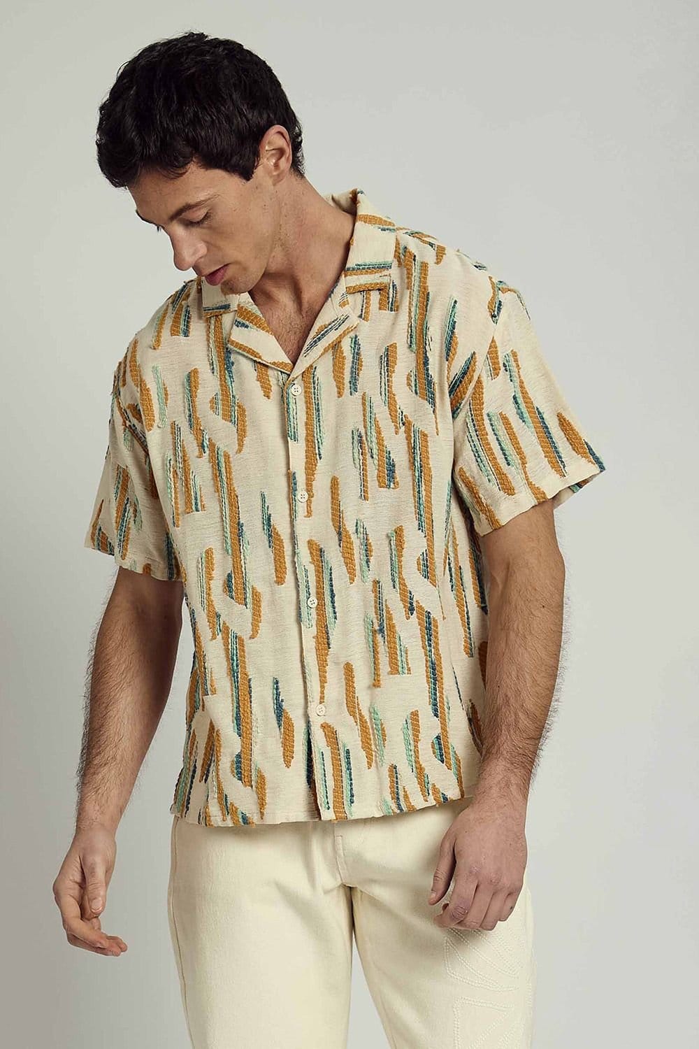 Native Youth Native Youth Men's Cotton Textured Boxy Button Short Sleeve Shirt in Cream - 4