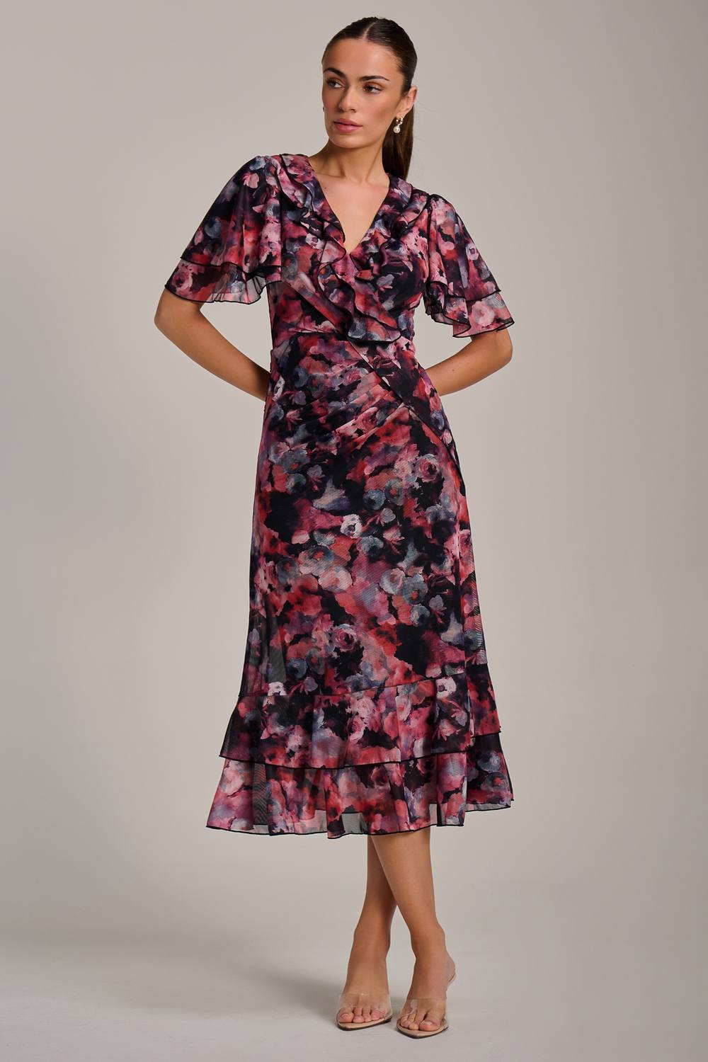 Jolie Moi Jolie Moi Women's Ruffle Detail Ruched Mesh Midi Dress - 4