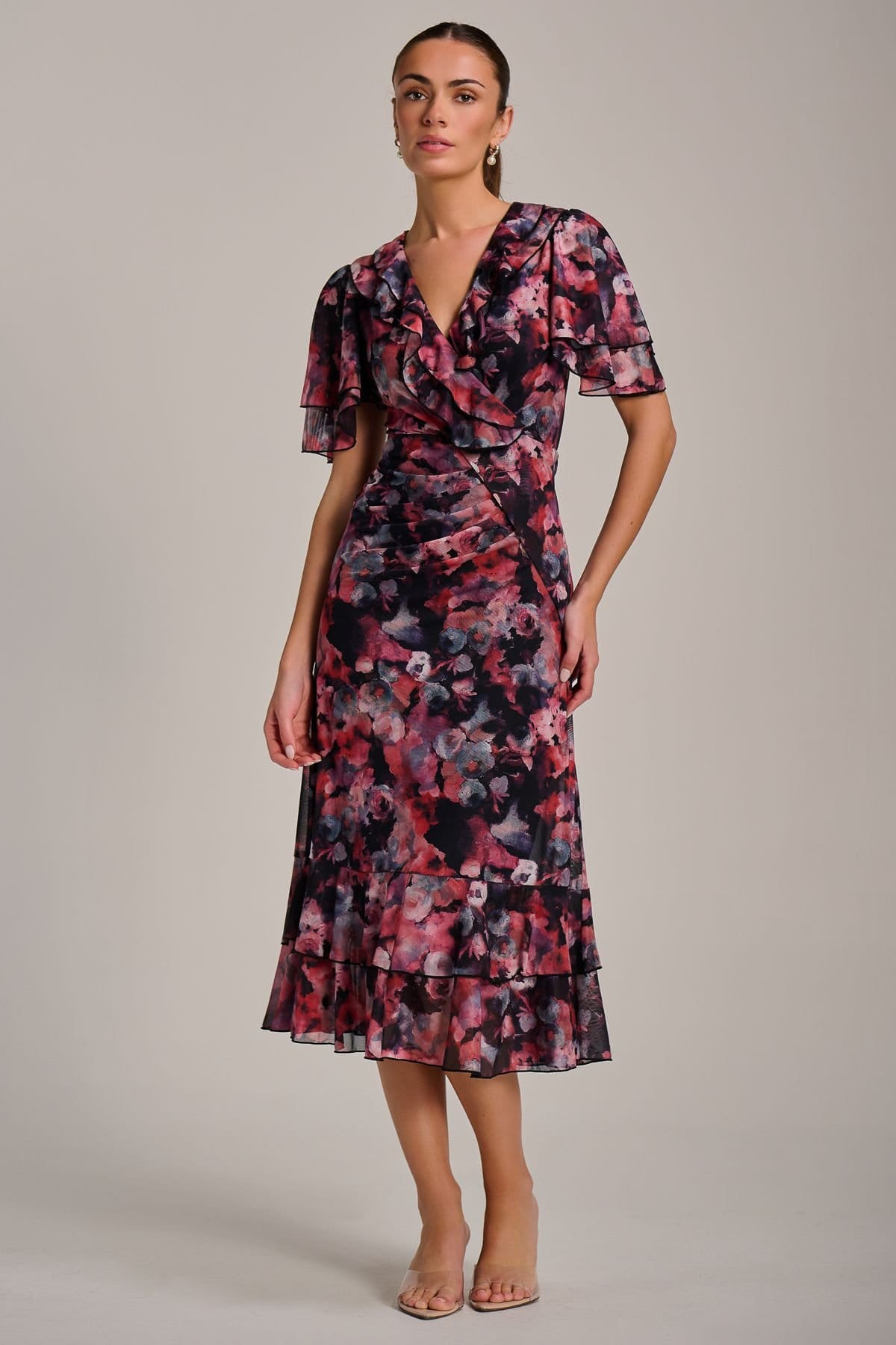 Jolie Moi Jolie Moi Women's Ruffle Detail Ruched Mesh Midi Dress - 4