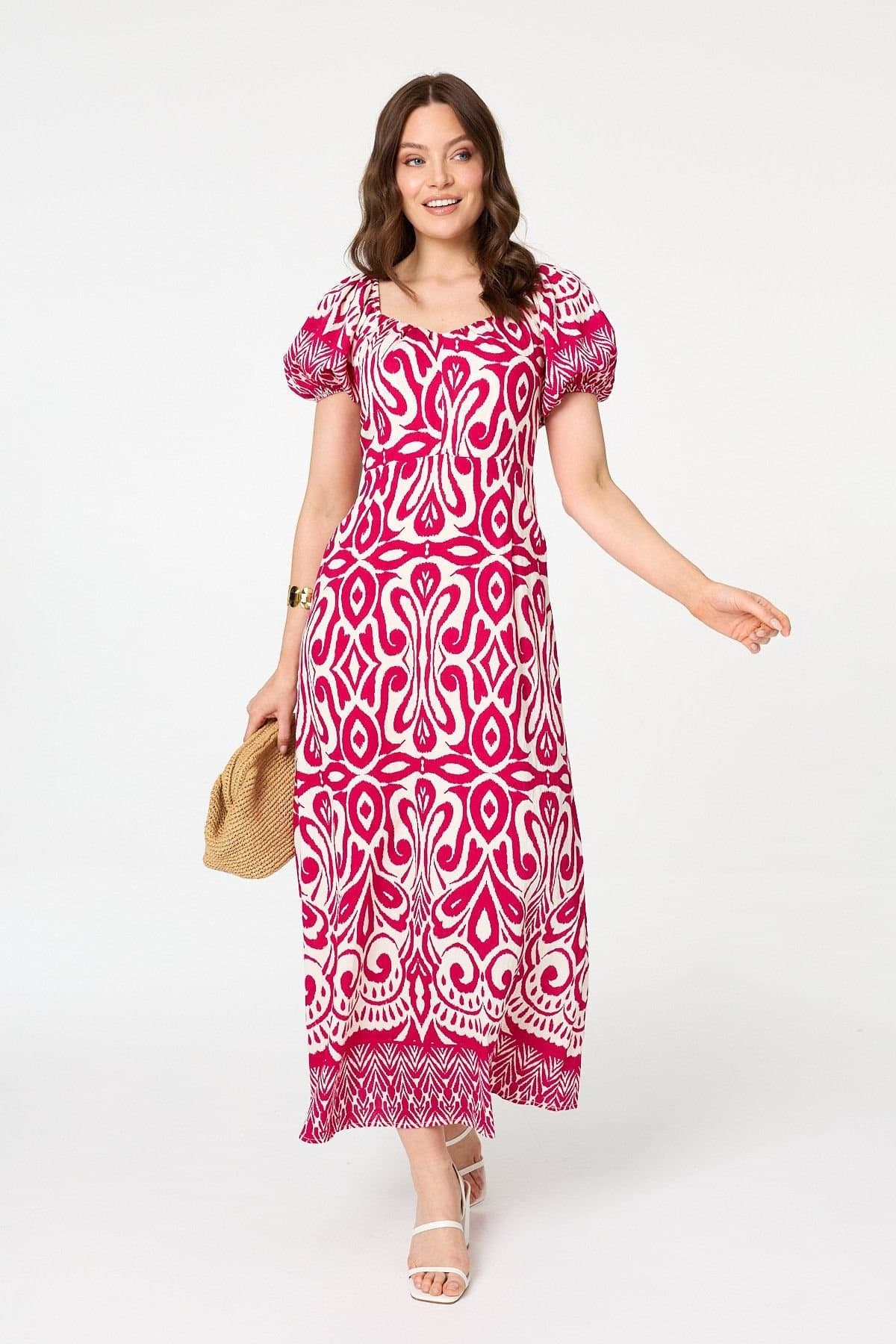 Izabel London Izabel London Women's Printed Short Sleeve A-Line Maxi Dress in Pink