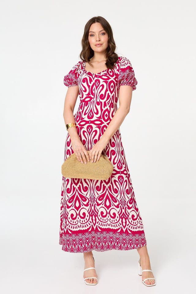 Izabel London Izabel London Women's Printed Short Sleeve A-Line Maxi Dress in Pink - 2