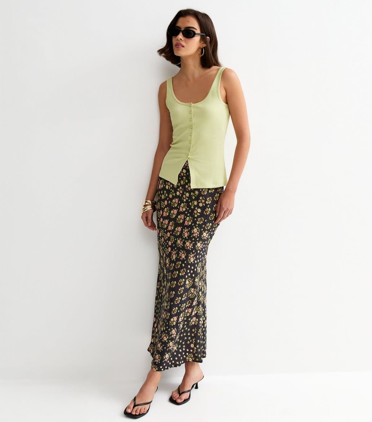 New Look Women's Black Floral Bias Cut Midi Skirt New Look