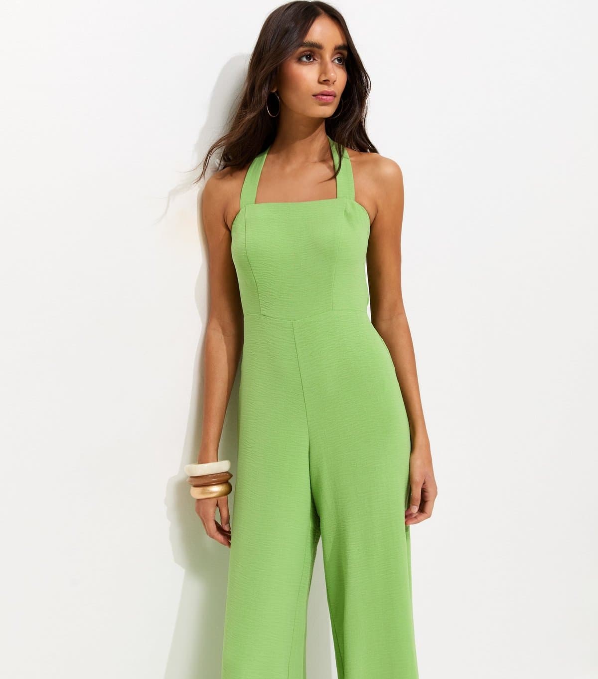 New Look Women's Bright Green Square Neck Halter Strap Jumpsuit New Look