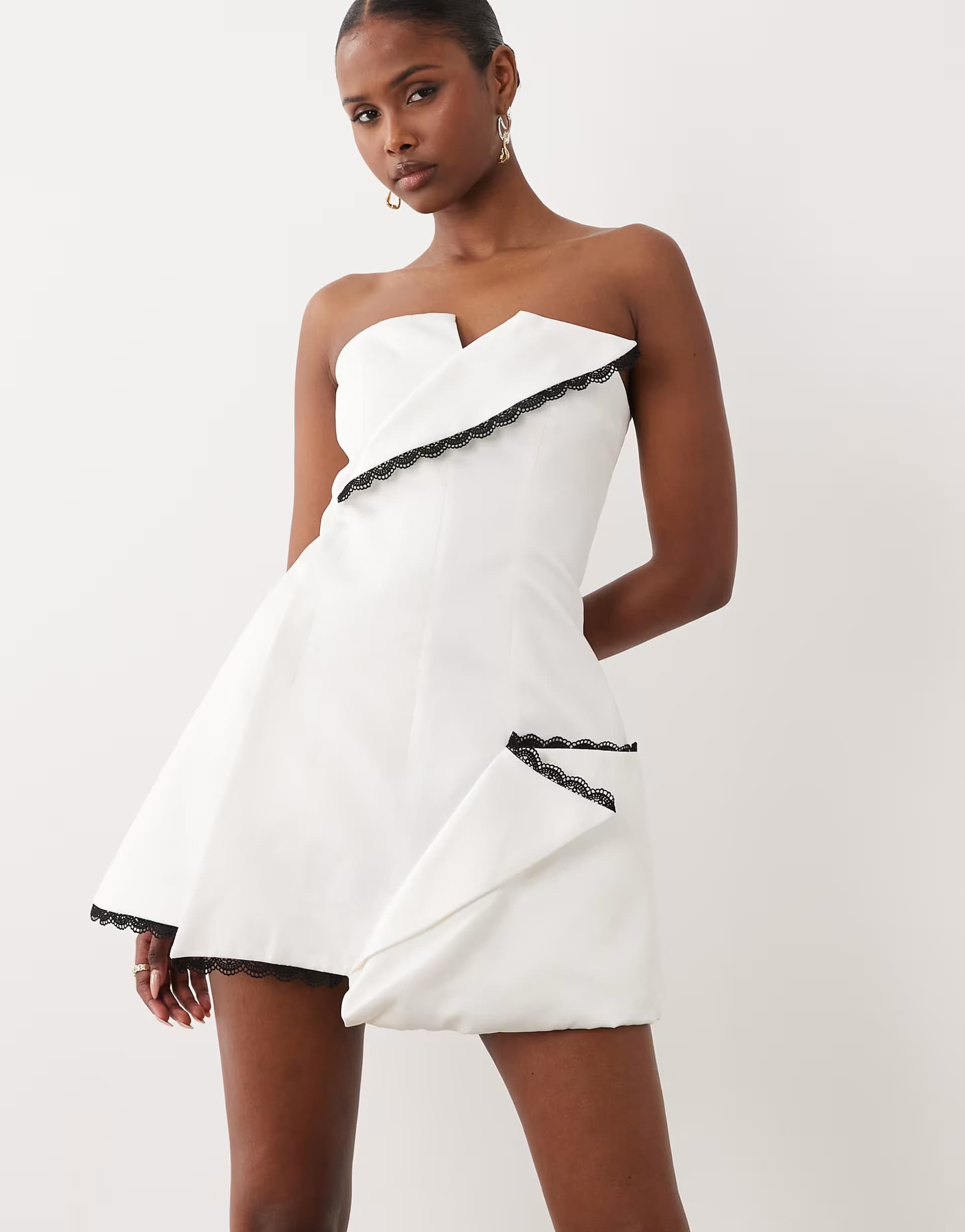 ASOS ASOS LUXE satin bandeau mini dress with contrast trim detail in white