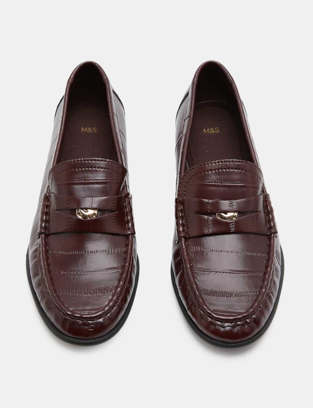 Marks & Spencer M&S Croc Penny Flat Loafers Burgundy - 1