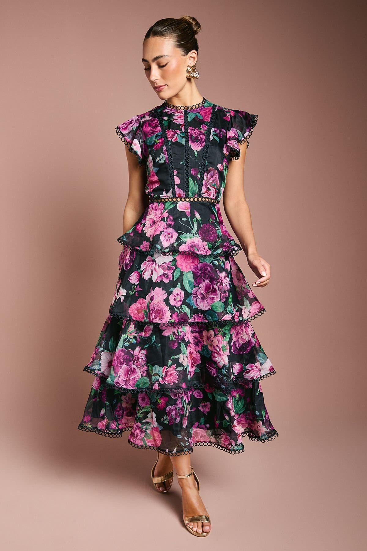 Coast Coast Women's Lace Trim Tiered Organza Midi Dress in Navy