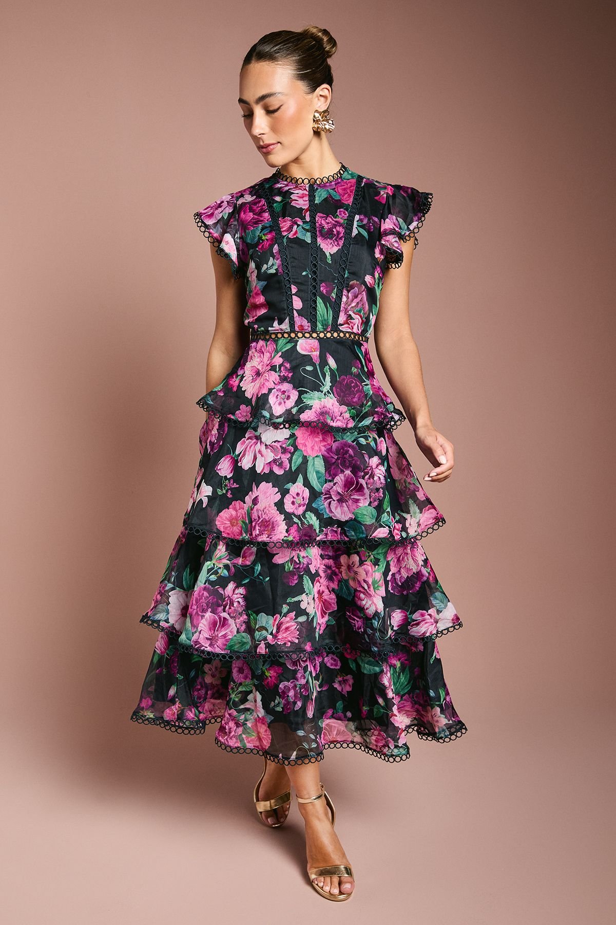 Coast Coast Women's Lace Trim Tiered Organza Midi Dress in Navy - 2