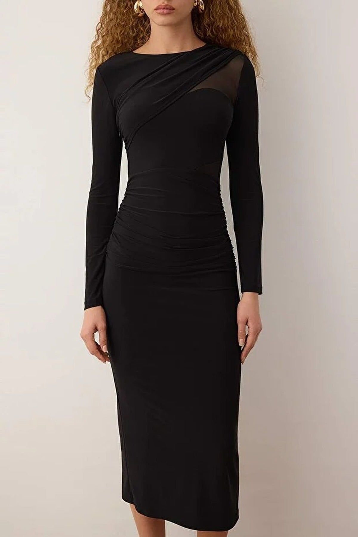 WOVCOR WOVCOR Women's Knitted Long Sleeve Midi Dress with Sheer Panel Detail in Black - 2