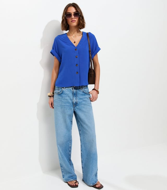 New Look Women's Bright Blue Button Through Folded Cuff Top New Look - 2