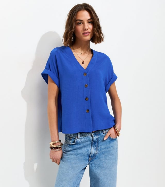 New Look Women's Bright Blue Button Through Folded Cuff Top New Look - 3