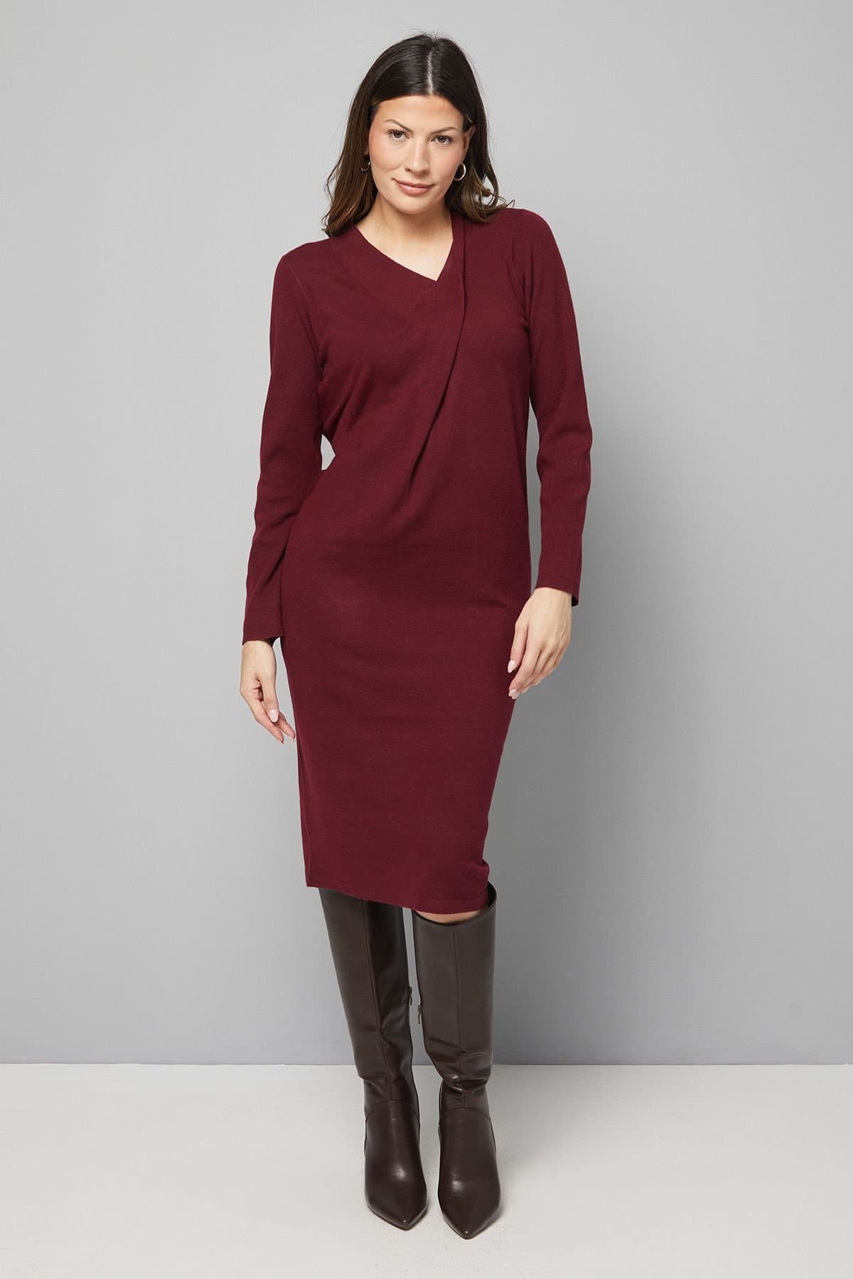 Wallis Wallis Women's Tie Neck Knitted Midi Dress in Plum