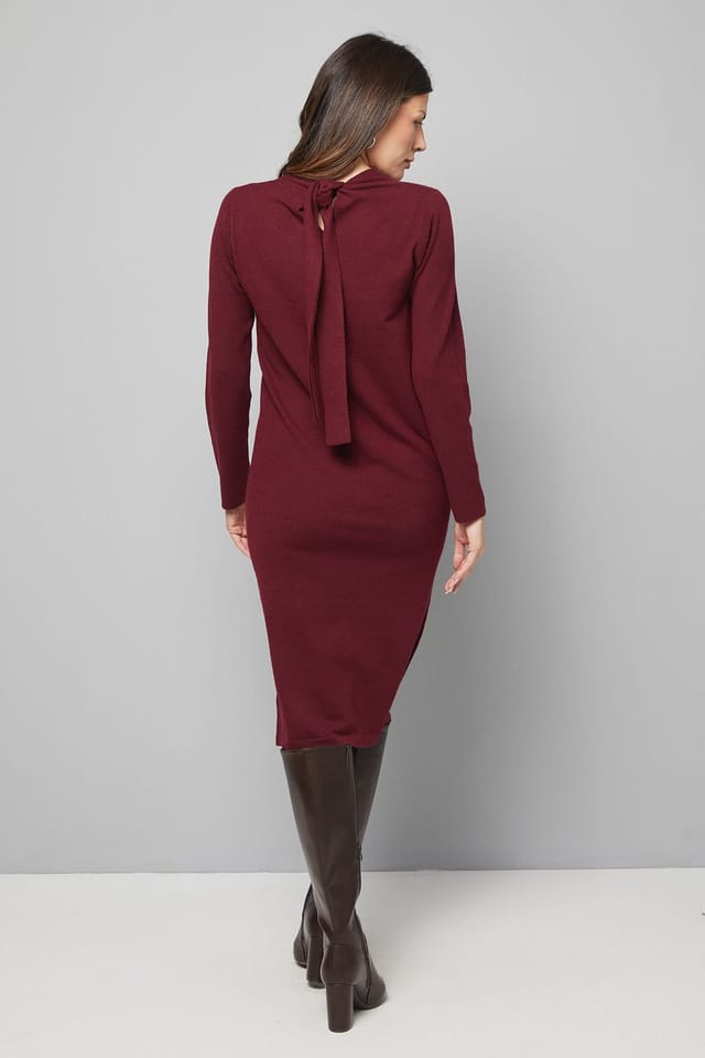 Wallis Wallis Women's Tie Neck Knitted Midi Dress in Plum - 3