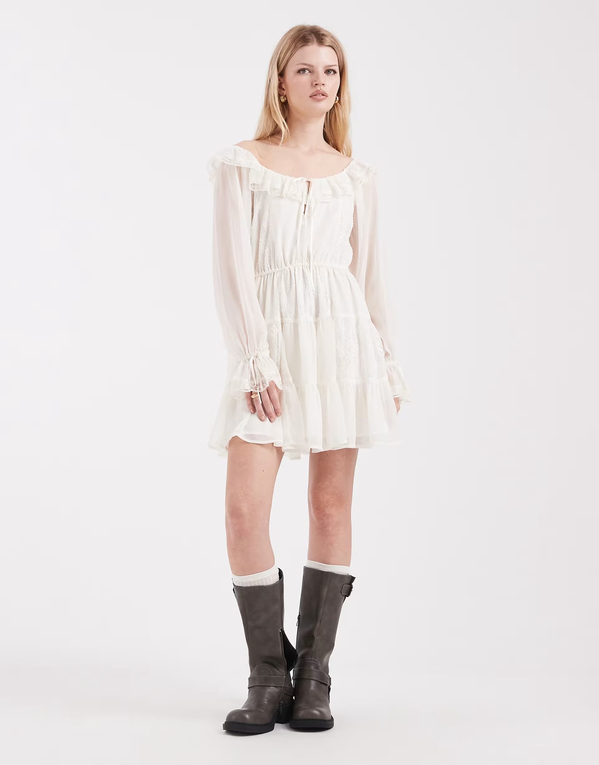 ASOS Miss Selfridge chiffon and lace milkmaid dress in ecru