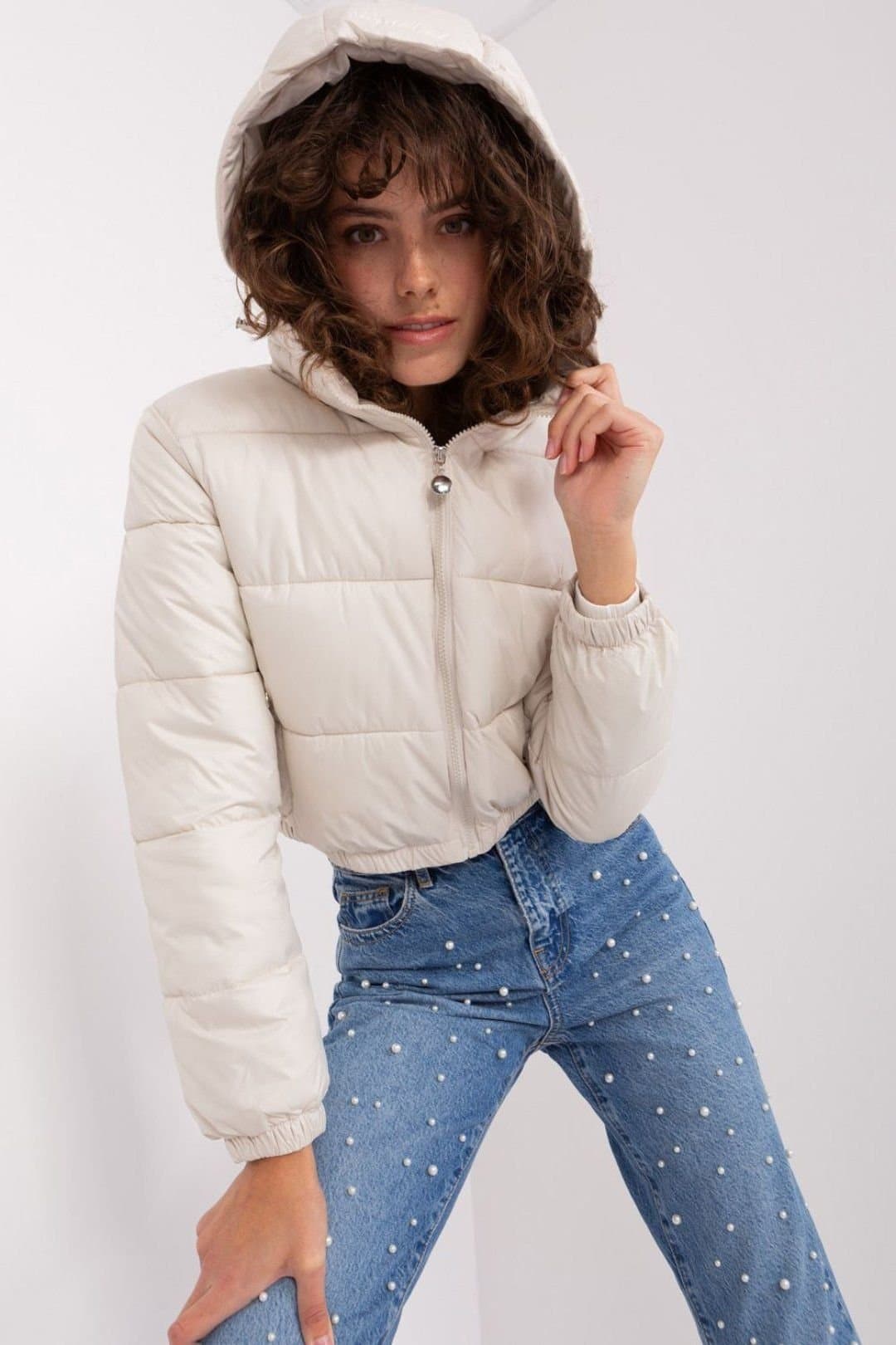 Love Lace Love Lace Women's Down Short Quilted Jacket with Detachable Hood in Beige