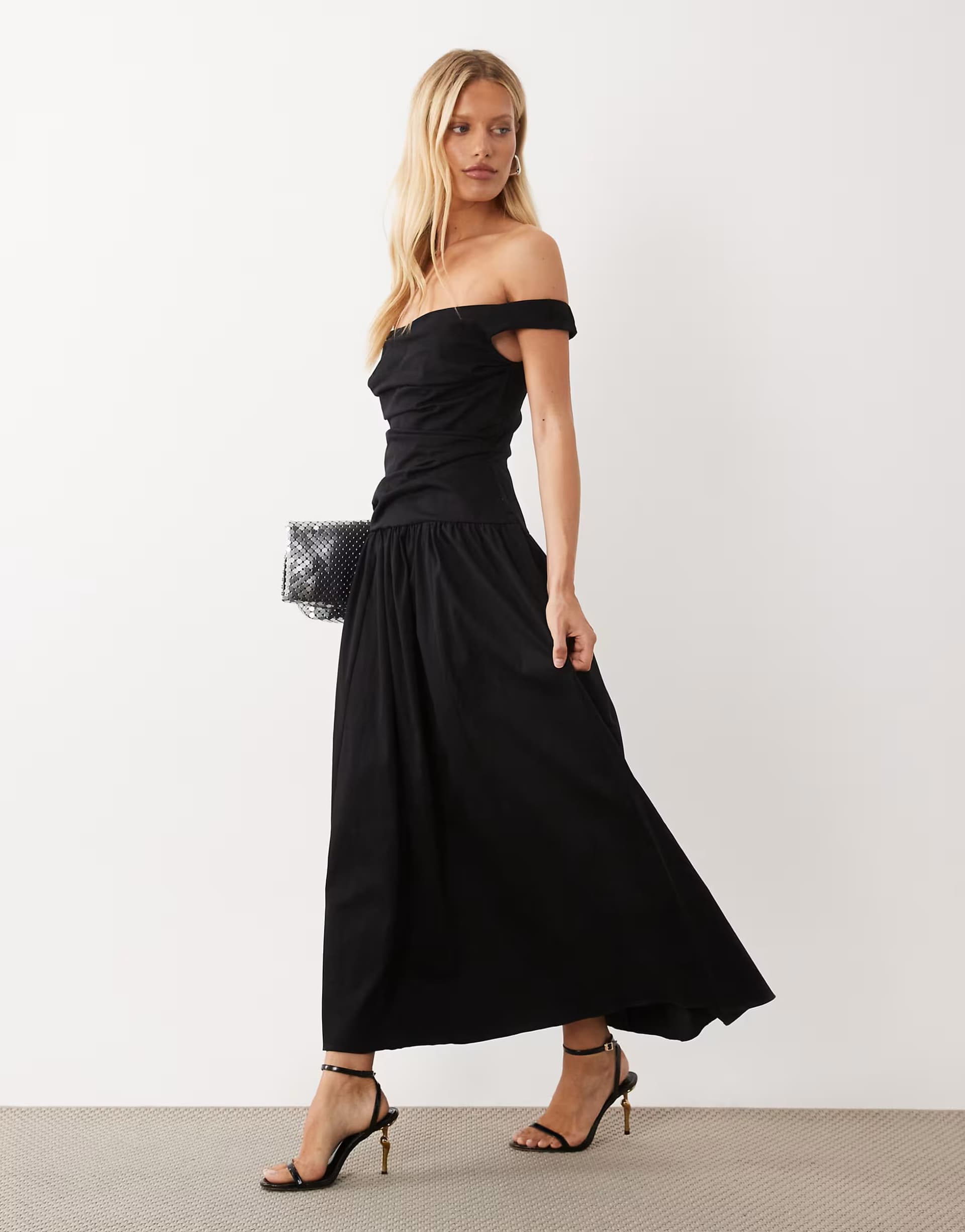 ASOS ASOS DESIGN ruched bodice bardot structured maxi dress with full hem in black