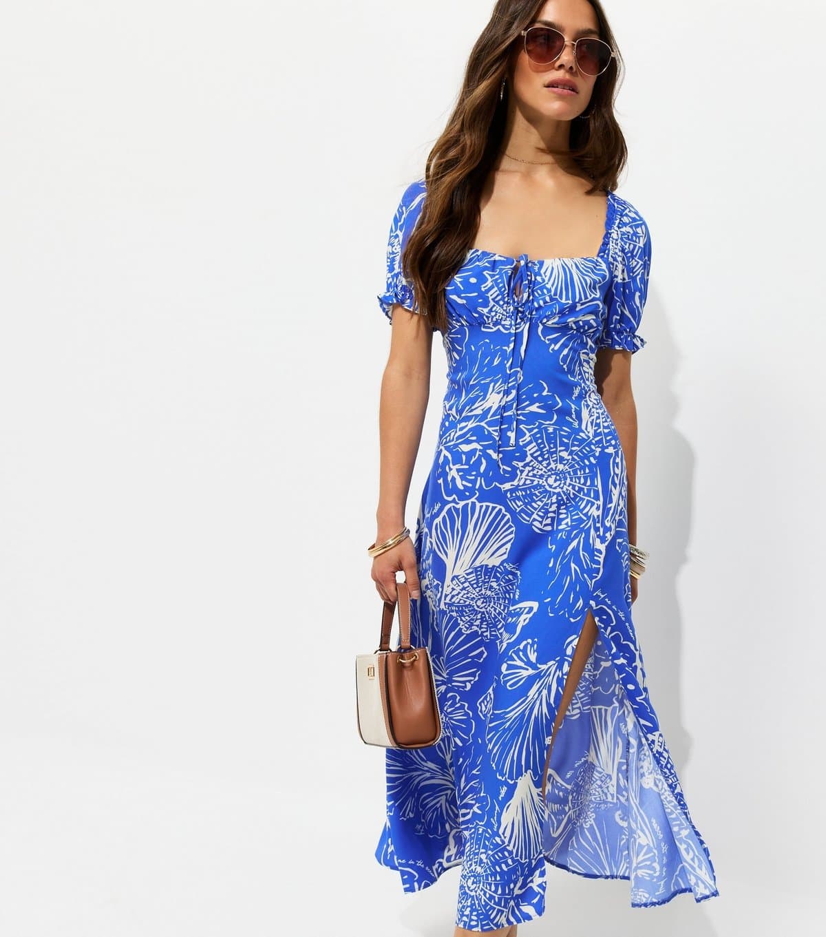New Look Women's Petite Blue Coral Print Sweetheart Neck Midi Dress New Look