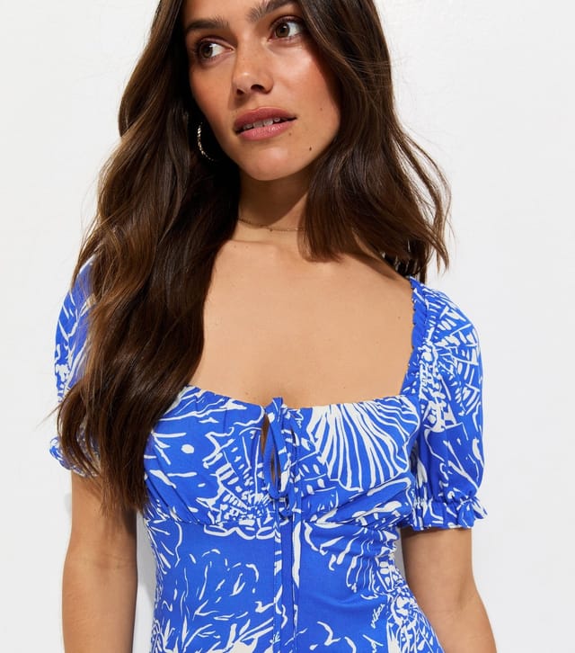 New Look Women's Petite Blue Coral Print Sweetheart Neck Midi Dress New Look - 2