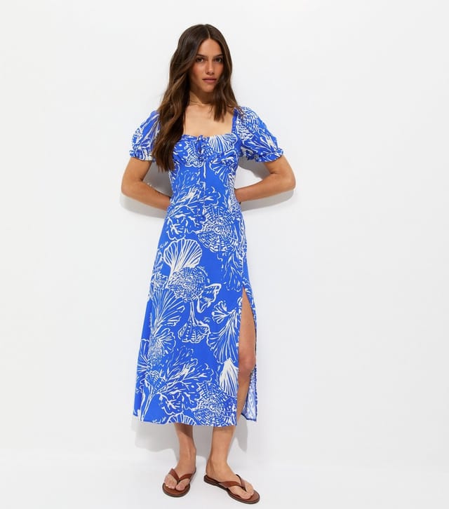 New Look Women's Petite Blue Coral Print Sweetheart Neck Midi Dress New Look - 3