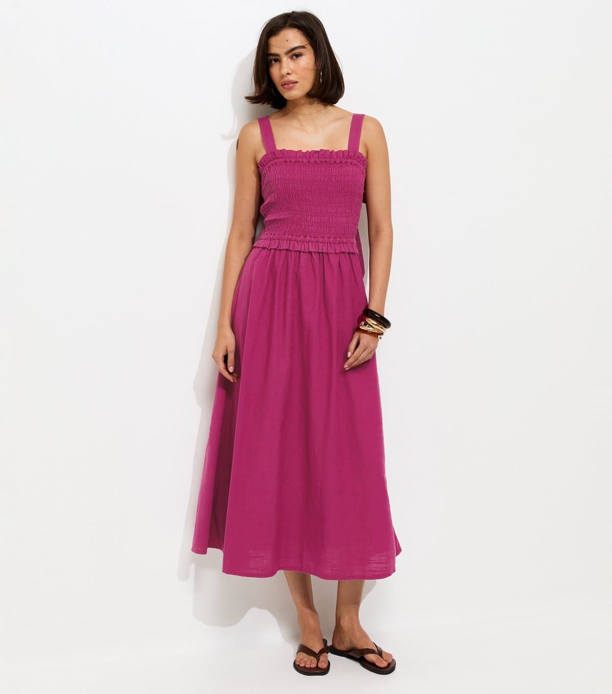 New Look Women's Light Burgundy Cotton Shirred Bow Strap Midi Dress New Look