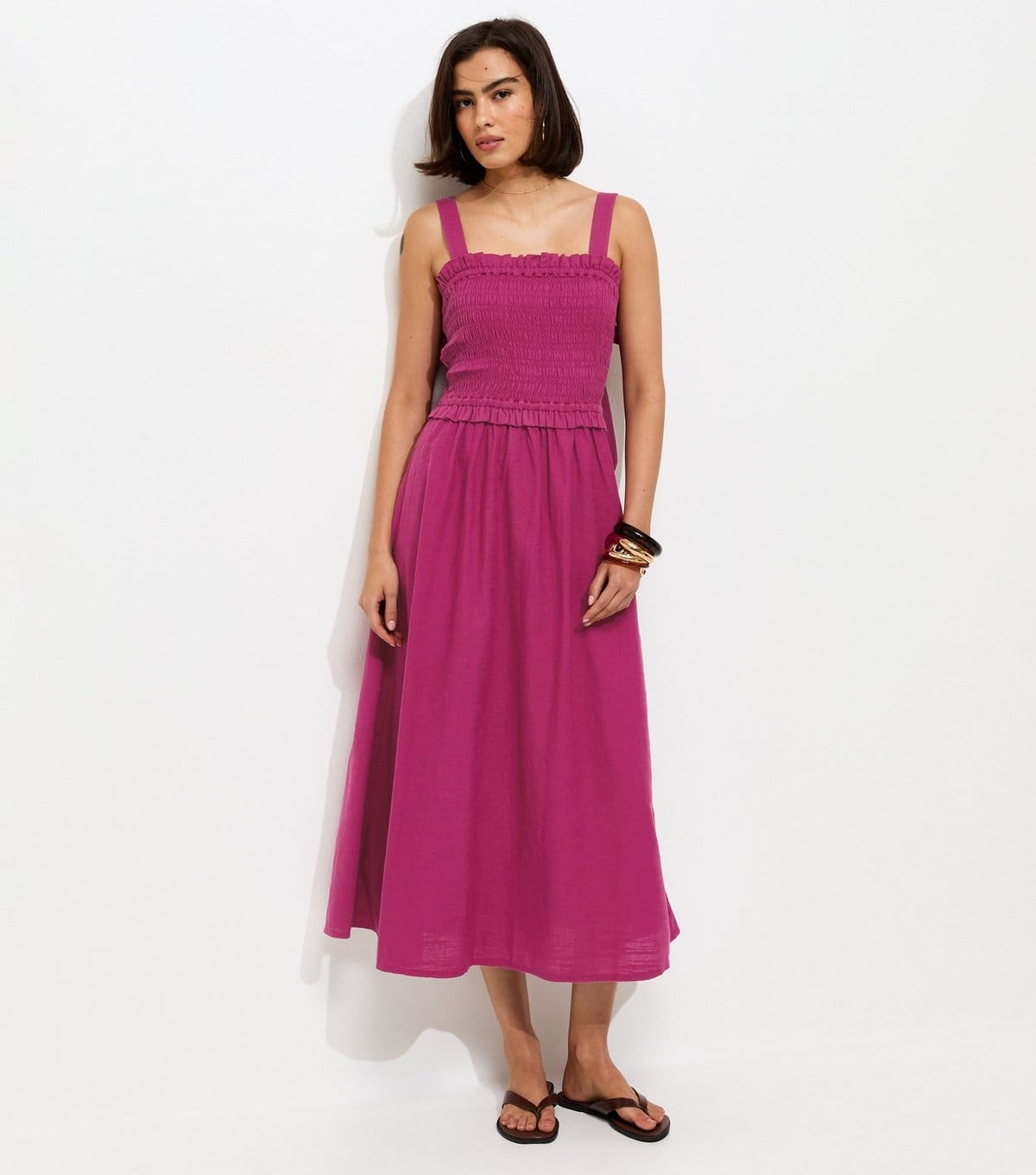 Women's Light Burgundy Cotton Shirred Bow Strap Midi Dress New Look