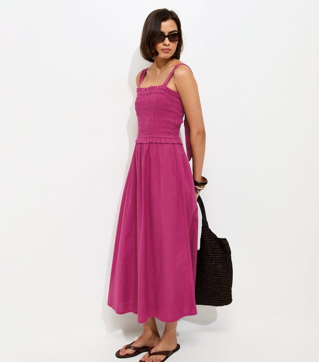 New Look Women's Light Burgundy Cotton Shirred Bow Strap Midi Dress New Look - 3