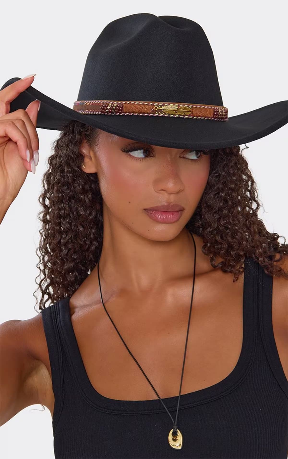 EGO Beaded Trim Detail Western Cowboy Hat In Black Felt, Women's Size UK 0