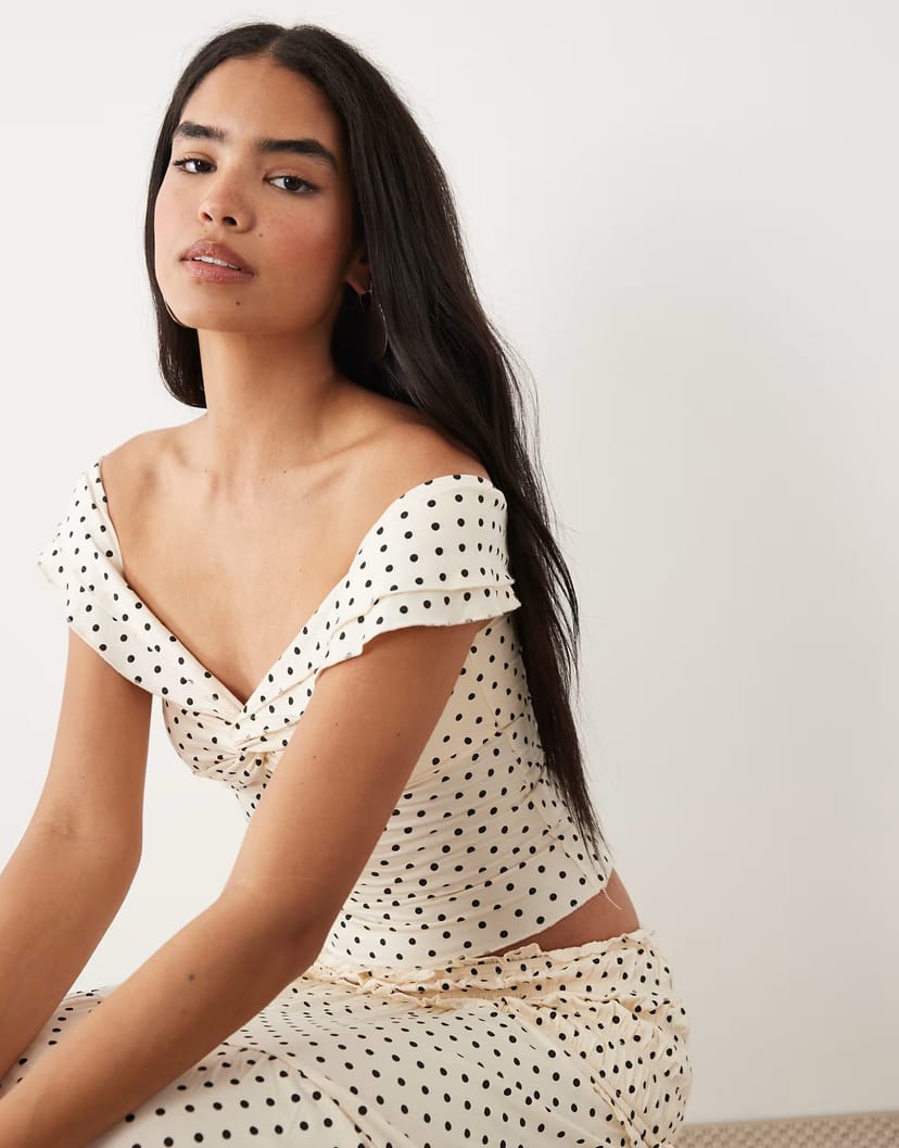 ASOS Tiger Mist Denali off shoulder top co-ord in white polka dot - 1