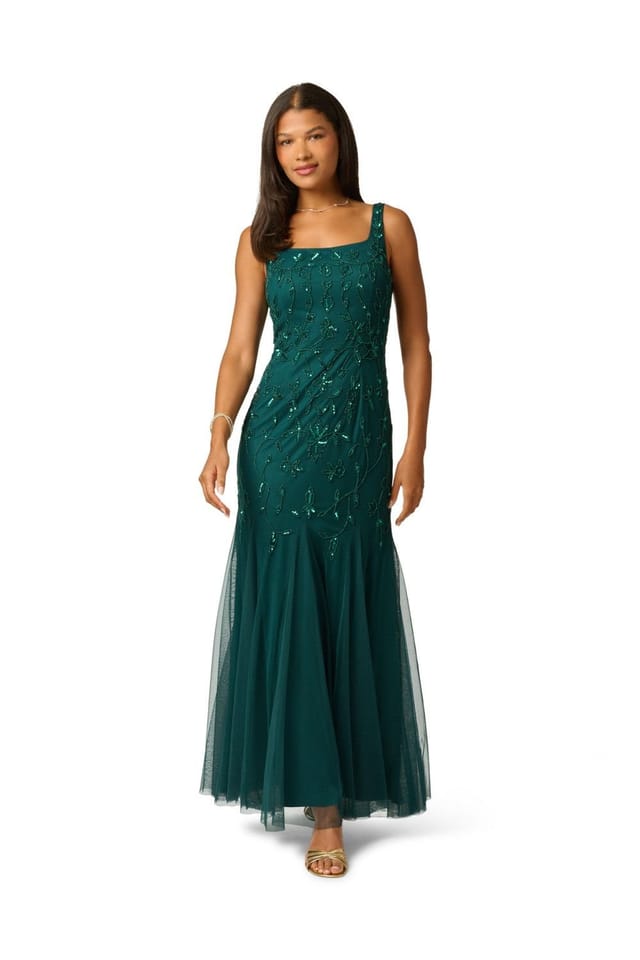 Papell Studio Papell Studio Women's Bead Mesh Long Dress in Dark Green - 2
