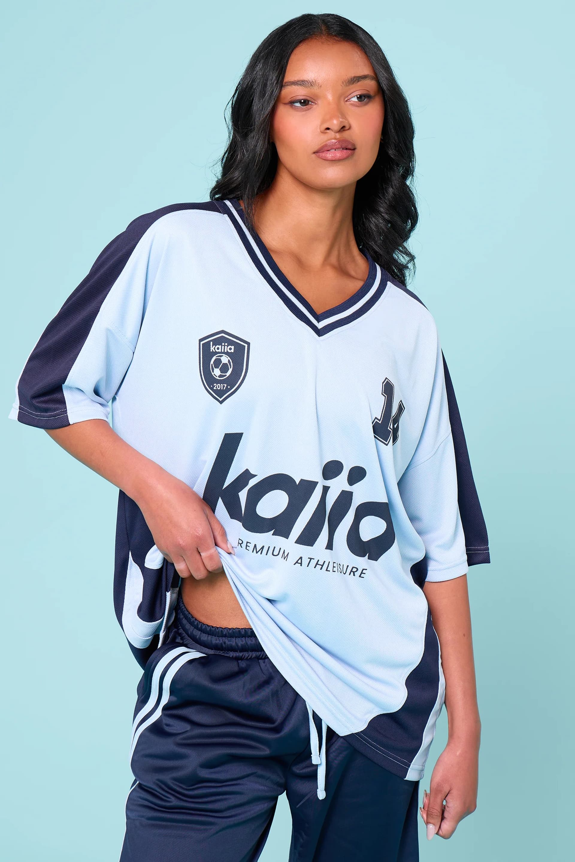 Kaiia Kaiia Oversized Short Sleeve Football Top Baby Blue & Navy