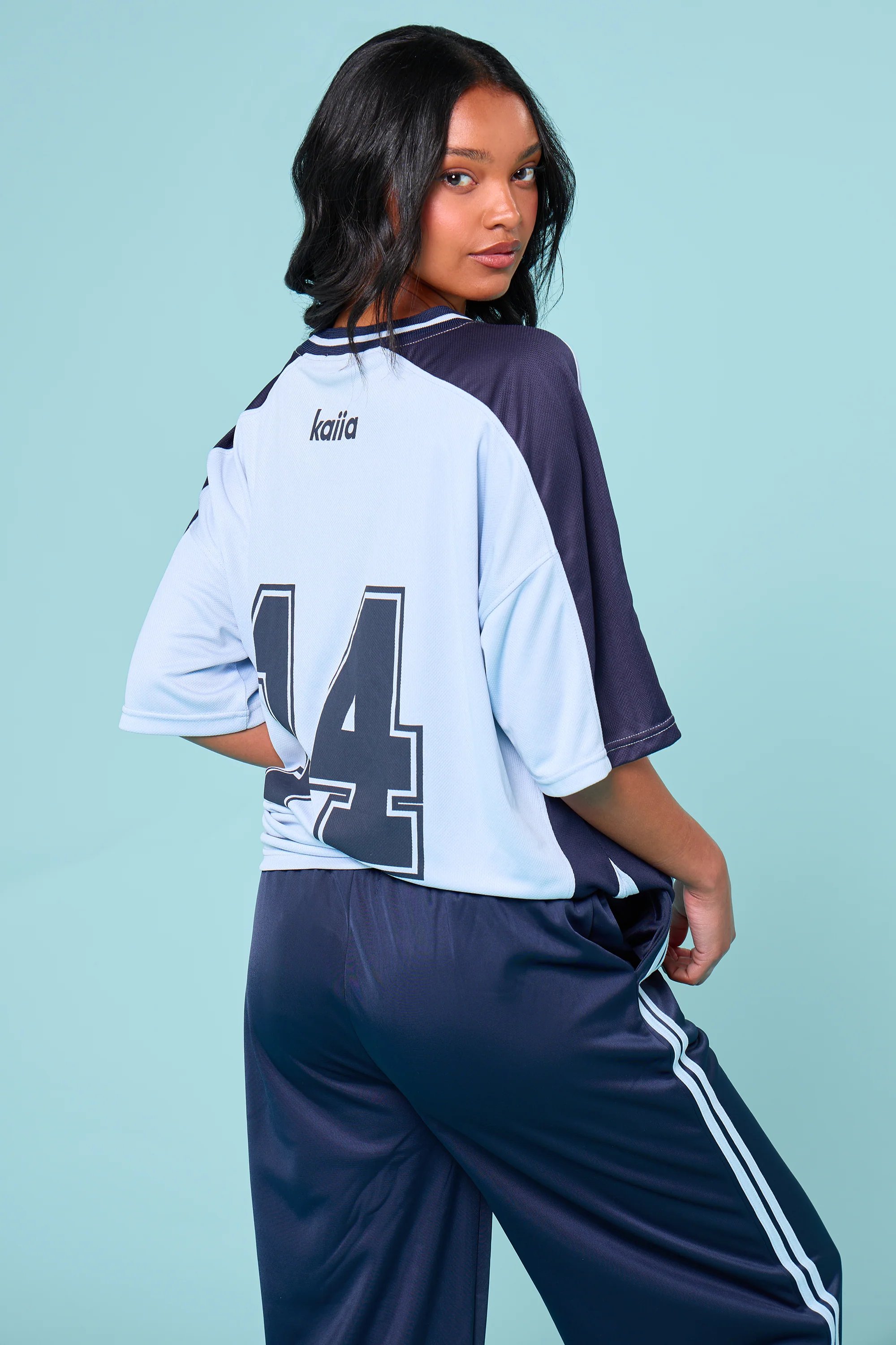 Kaiia Kaiia Oversized Short Sleeve Football Top Baby Blue & Navy - 4