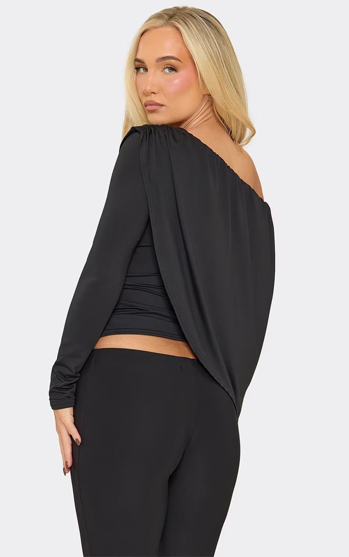 EGO Long Sleeve Off The Shoulder Asymmetric Top In Black, Women's Size UK 6