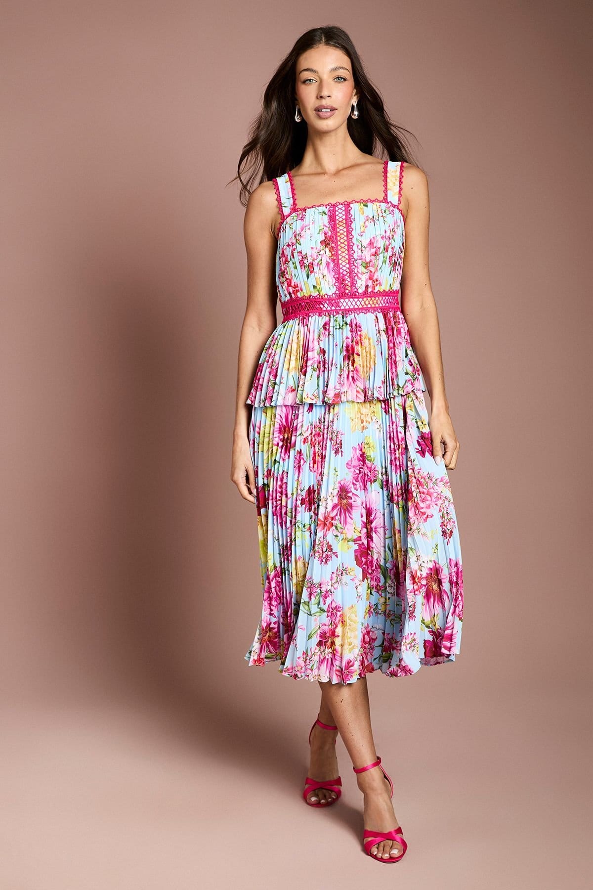 Coast Blue Floral Lace Trim Pleated Midi Dress