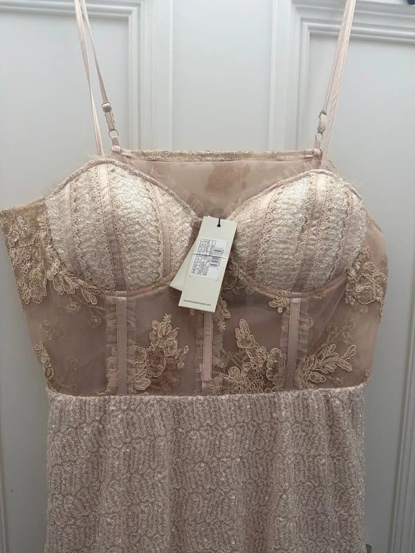 Never Fully Dressed Never Fully Dressed Bridal sequin and lace corset tiered maxi dress in golden ivory size 16