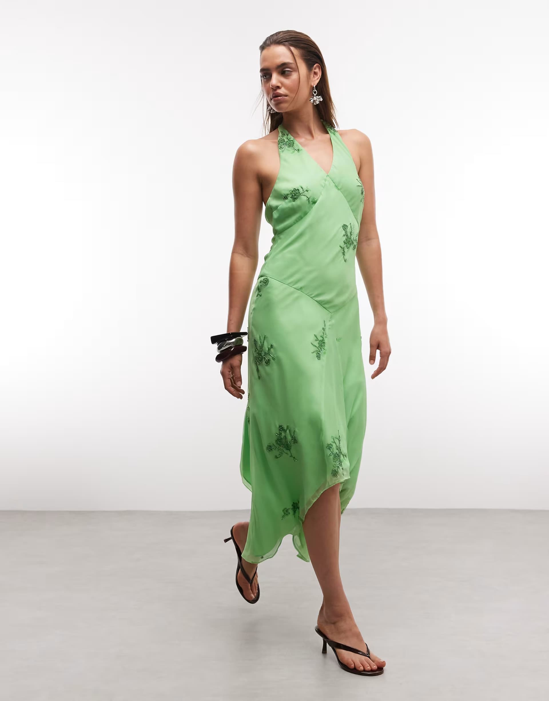 ASOS Reclaimed Vintage Limited Edition halter neck midi dress with scarf detail and embroidery in green