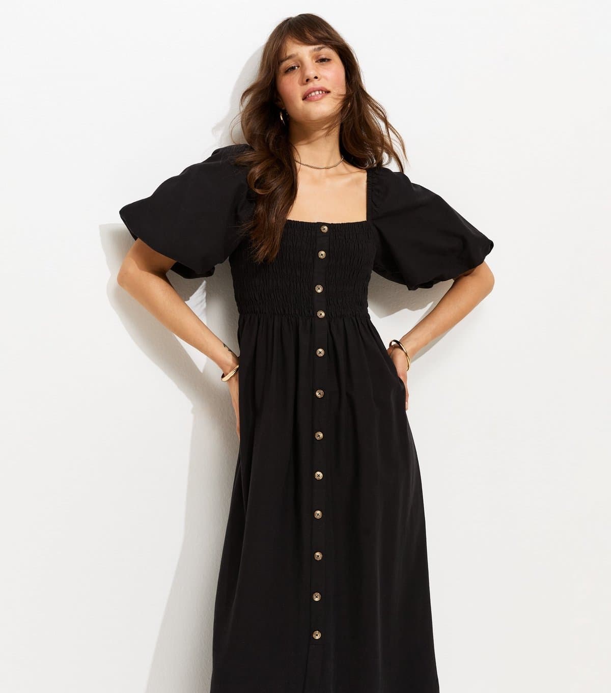 New Look Women's Tall Black Button Through Shirred Midi Dress New Look