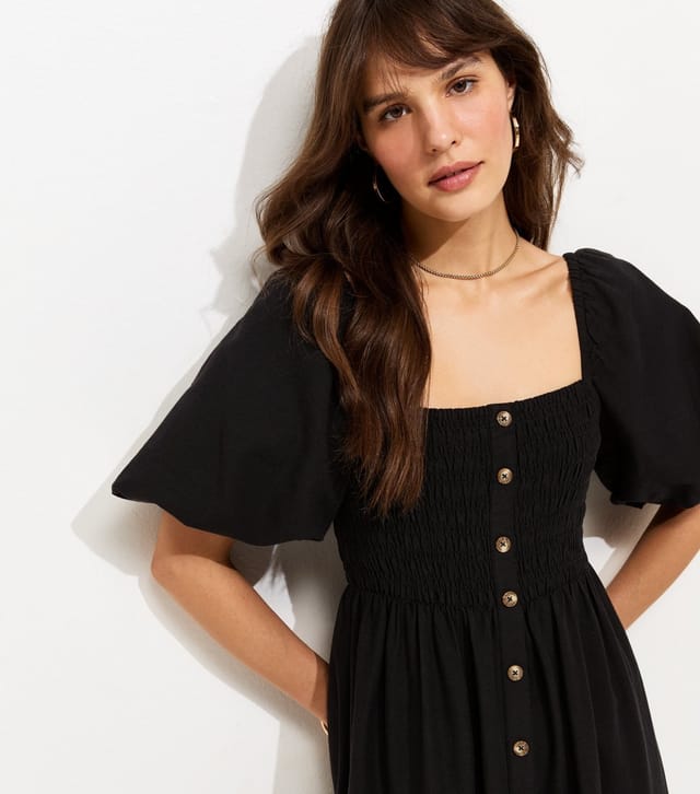 New Look Women's Tall Black Button Through Shirred Midi Dress New Look - 2