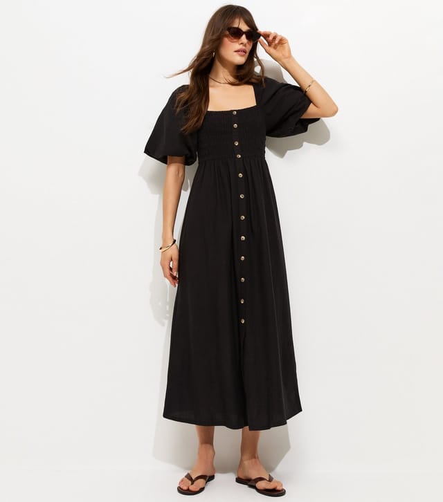 New Look Women's Tall Black Button Through Shirred Midi Dress New Look - 3