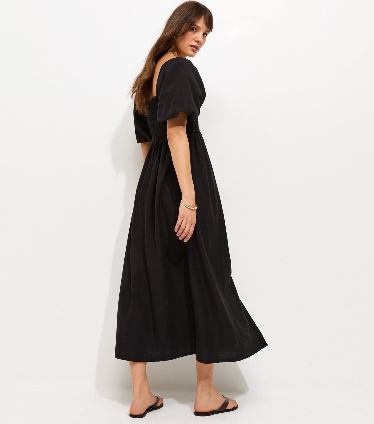 New Look Women's Tall Black Button Through Shirred Midi Dress New Look - 4