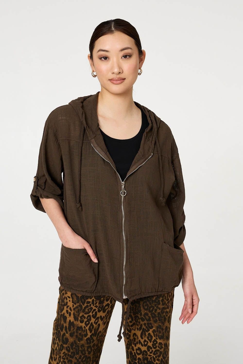 Izabel London Izabel London Women's 3/4 Sleeve Hooded Zip Front Jacket in Brown