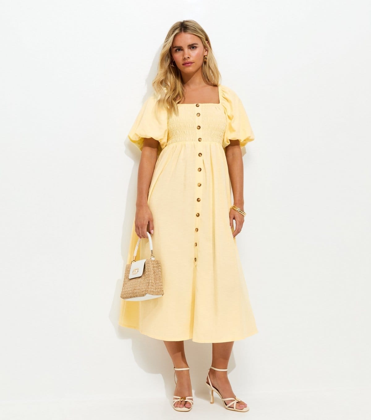 New Look Light Yellow Button Through Milkmaid Midi Dress