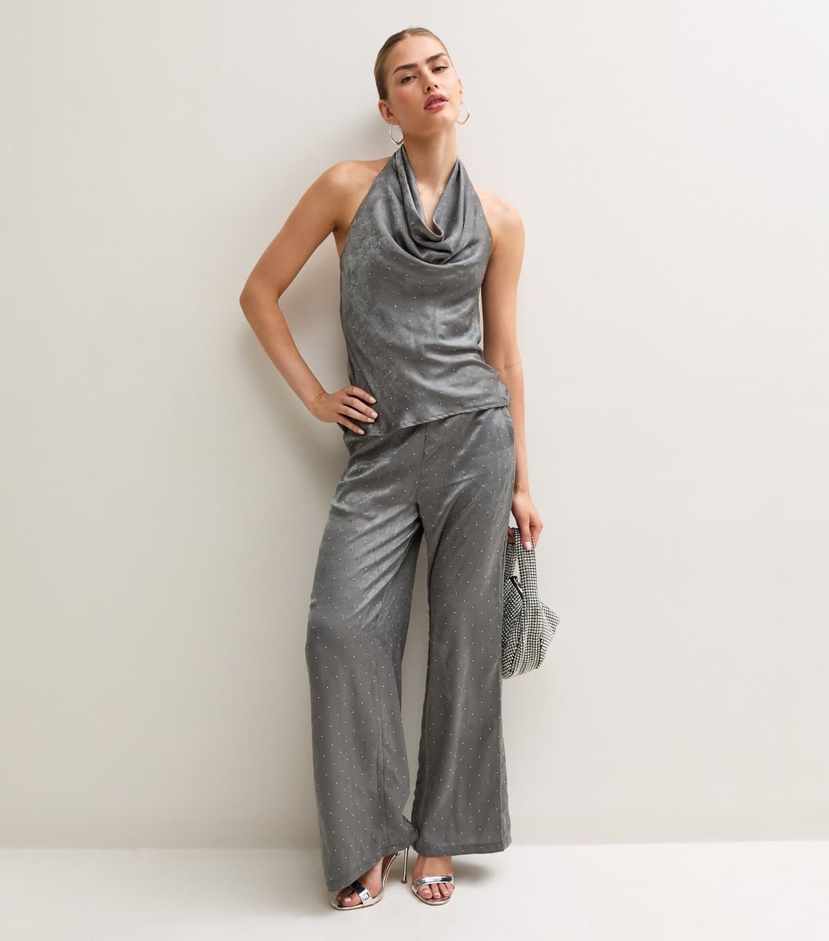 New Look Women's Grey Gem Embellished Cowl Neck Halter Neck Top New Look