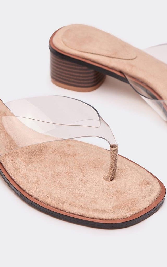 EGO Rita Clear Perspex Thong Strap Block Heeled Mule In Beige Faux Suede, Women's Size UK 3 - 2