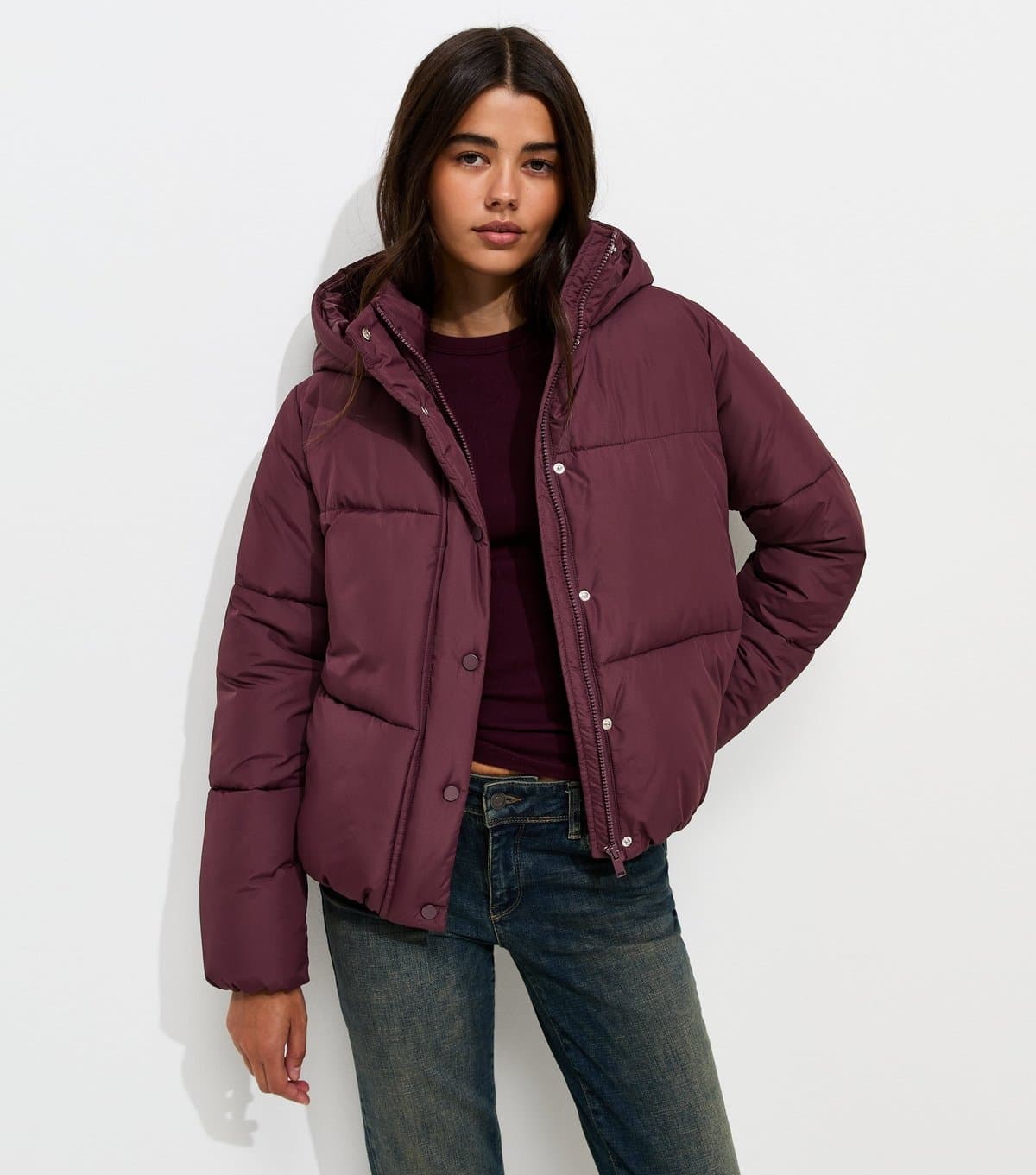 New Look Women's Dark Burgundy Hooded Crop Puffer Jacket New Look