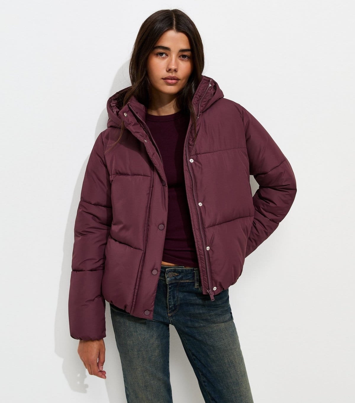 New Look Dark Burgundy Hooded Crop Puffer Jacket