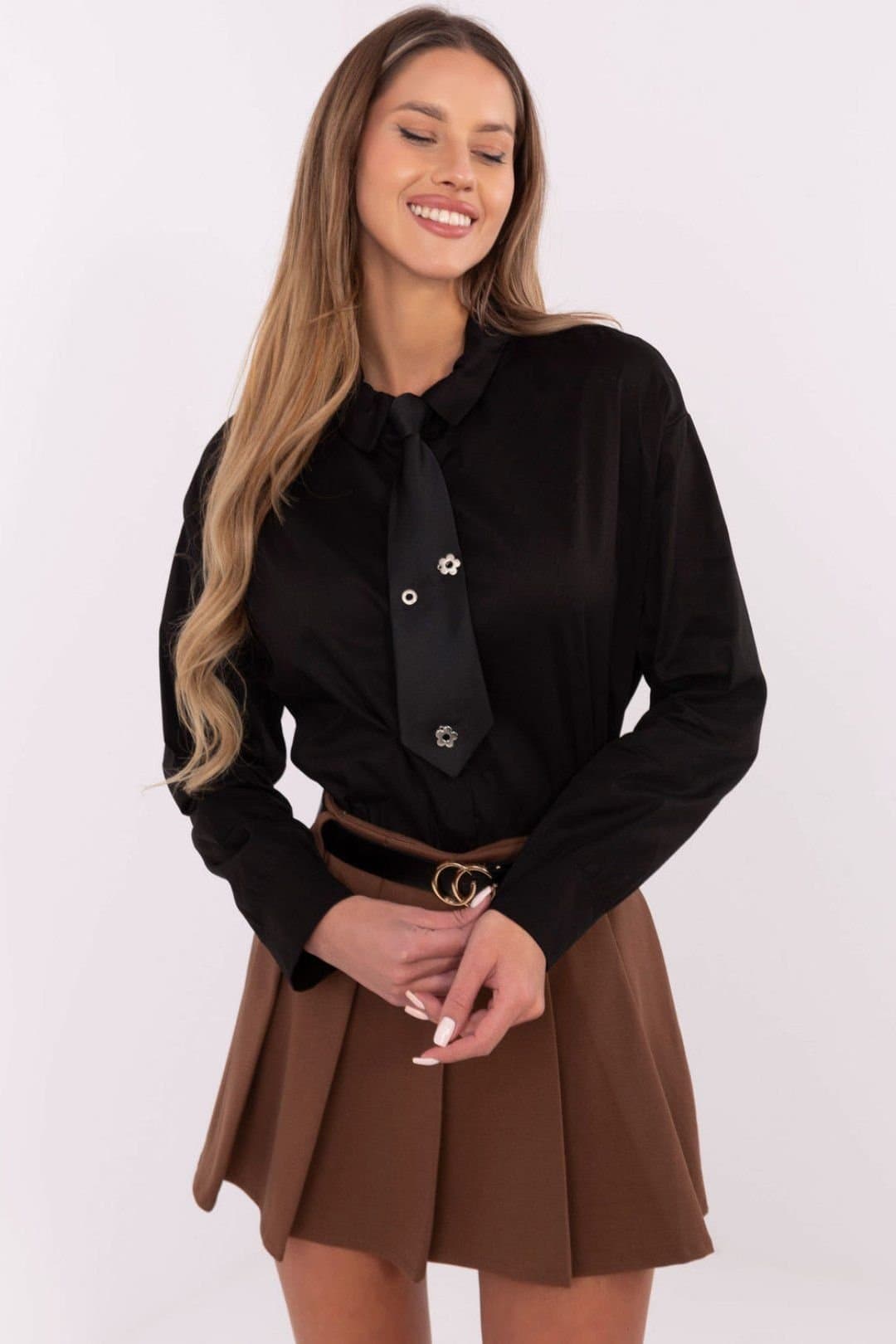 Love Lace Love Lace Women's Long Sleeve Shirt with Tie & Brooch in Black