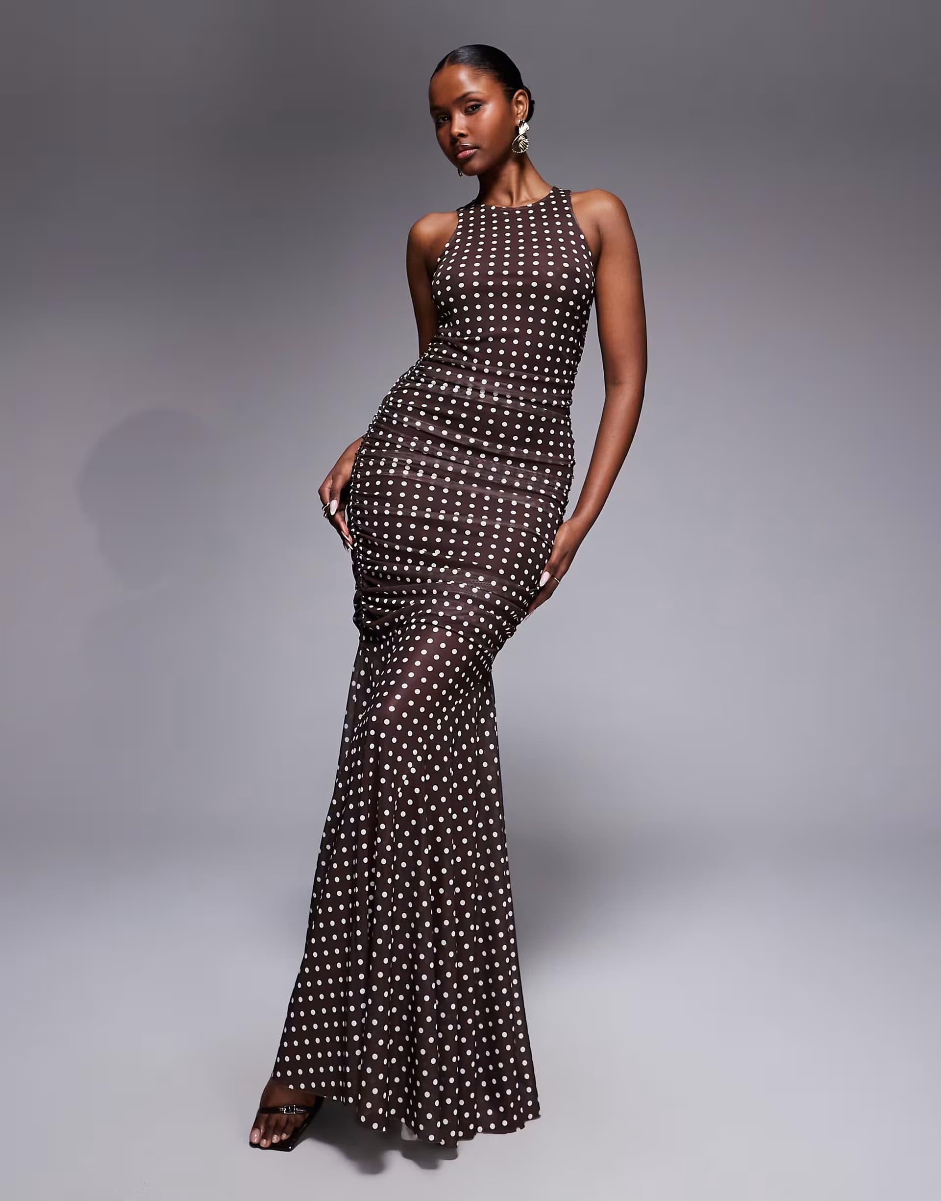 ASOS Ruched & Ready sculpting mesh high neck sleeveless drape fishtail hem maxi dress in chocolate polka dot
