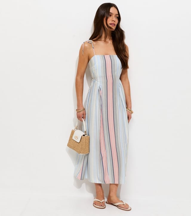 New Look Women's Petite Blue Stripe Print Cami Godet Midi Skirt New Look - 3