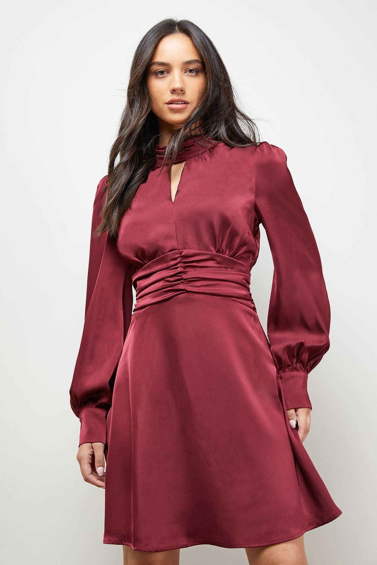 Oasis Oasis Women's Satin Ruched Waist High Neck Balloon Sleeve Mini Dress in Merlot