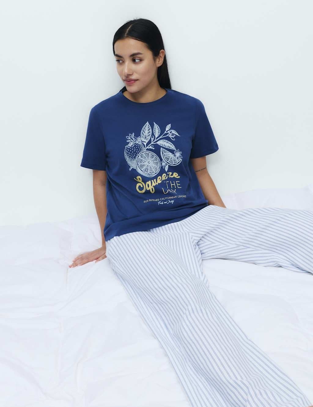 Marks & Spencer M&S Pure Cotton Pyjama Set With Woven Bottoms Navy