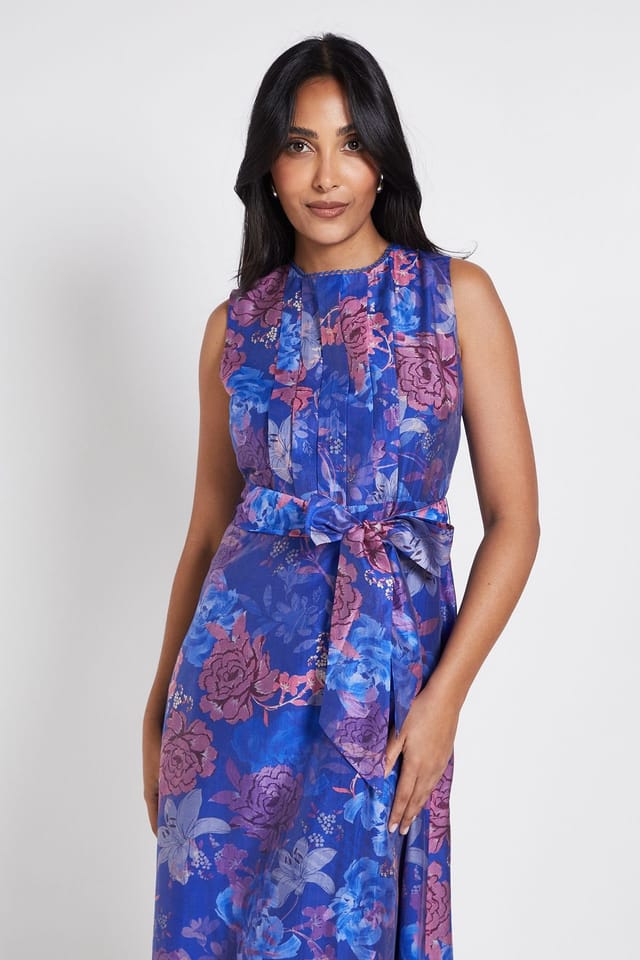 Wallis Wallis Women's Petite Floral Pleat Detail Belted Midi Dress in Blue - 2